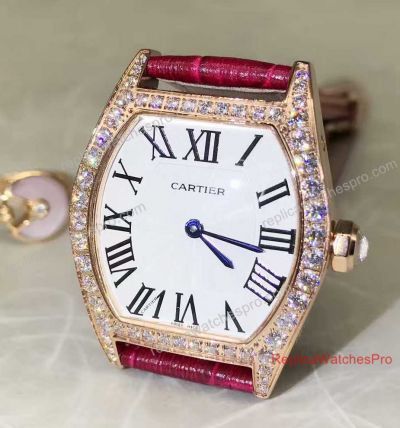 Replica Cartier Tortue Watches -  24mm White Dial Roman Diamond Bezel Leather Band